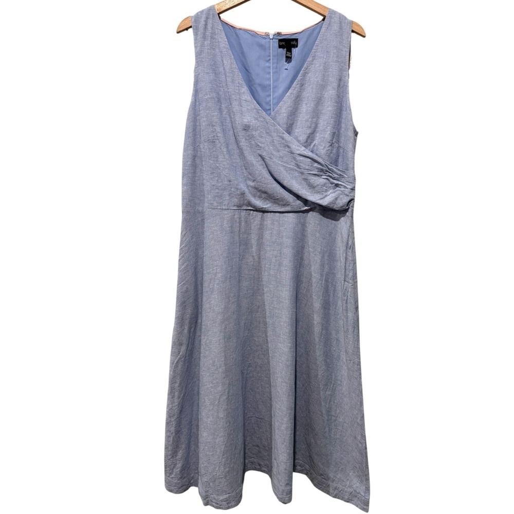 Long Tall Sally Linen Blend Dress Sz 12 Blue Sleeveless Coastal Resort V-Neck